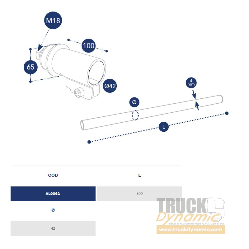 Tube De Montage Garde-boue DOMAR DK8022 - Diam. 42mm, Longueur 800mm, Acier Thermolaqué, Pour Remorques, Engins